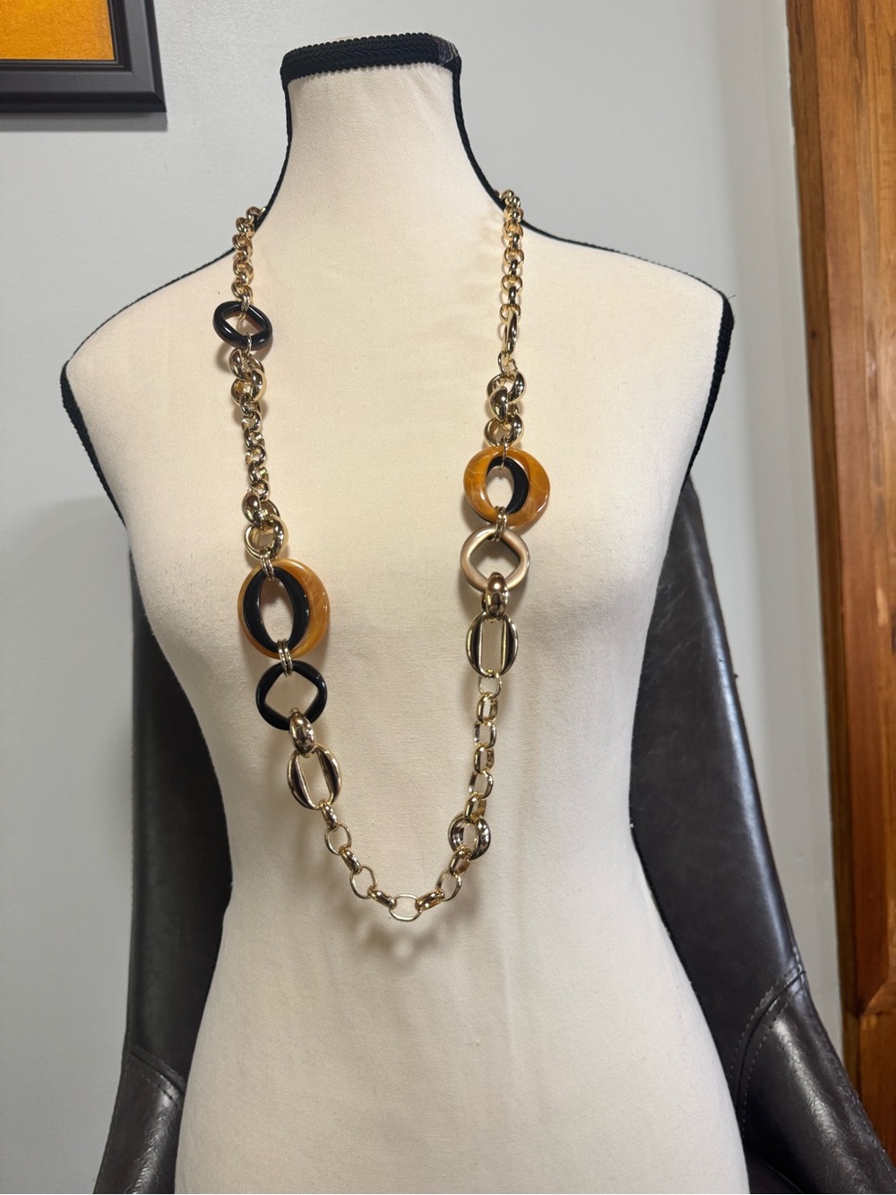 Chico's Gold Chain Necklace with Black and Amber Links